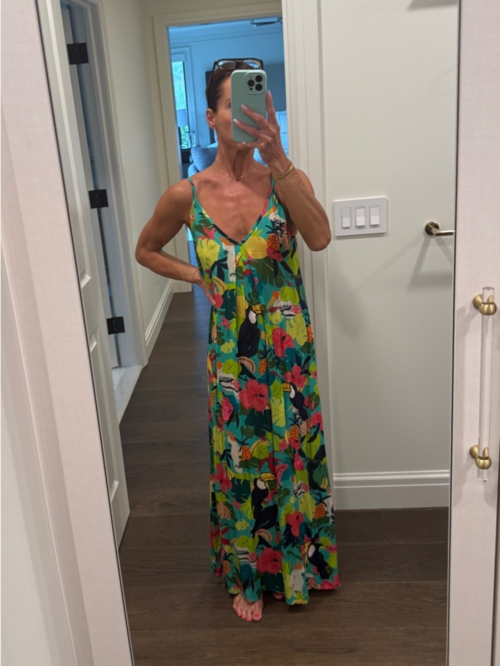 Green Tropical Print V-Neck Maxi Dress